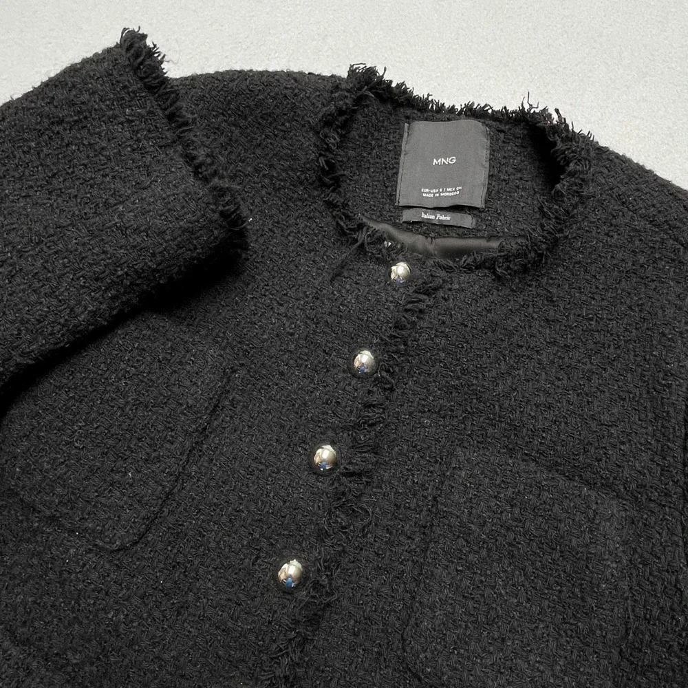 MNG Black Tweed Collarless Cropped Jacket with Frayed‎ Trim and Silver Buttons S